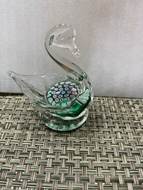 Handblown Clear Glass Swan Figurine with Green Accent